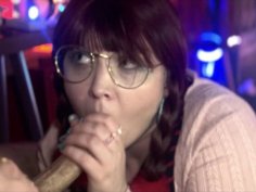 Teen neighbor gives first blowjob after watching porn together - cum swallow