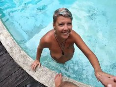 Beky carril gives risky poolside blowjob at resort - cum swallowed